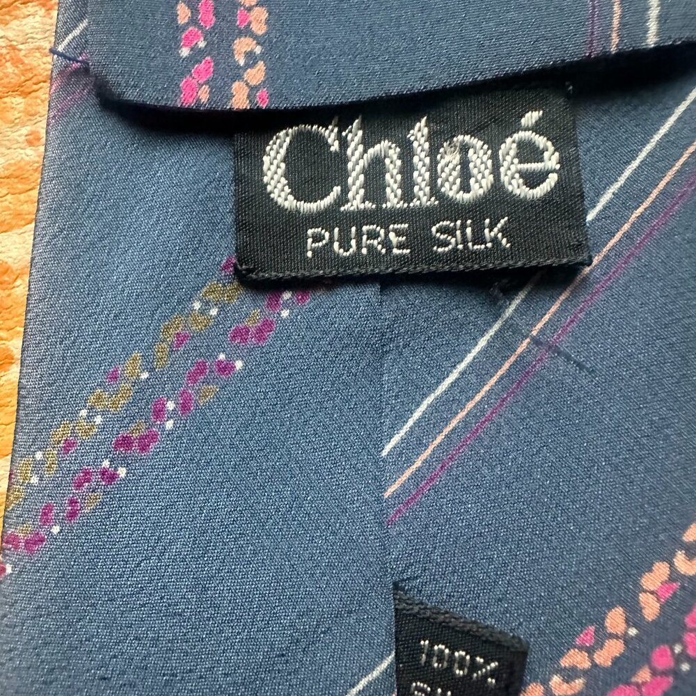 Vintage Designer Men's CHLOE Grayish Blue Pure Silk Necktie Tie